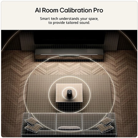 LG Stereo 7 wireless speaker featuring AI Room Calibration Pro, automatically adjusting audio settings to suit the room layout and listening position